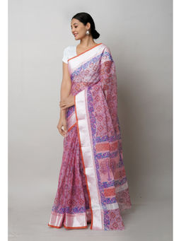 Unnati Silks - Light Red Pure Block Printed Kota Cotton Saree with Unstitched Blouse