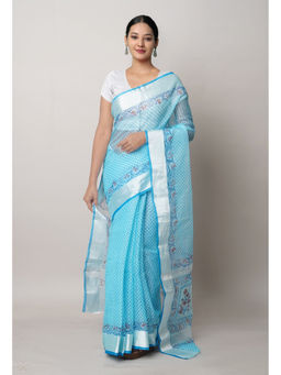Unnati Silks - Sky Blue Pure Block Printed Kota Cotton Saree with Unstitched Blouse