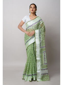 Unnati Silks - Green Pure Block Printed Kota Cotton Saree with Unstitched Blouse