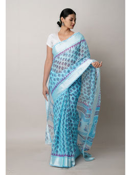 Unnati Silks - Blue Pure Block Printed Kota Cotton Saree with Unstitched Blouse