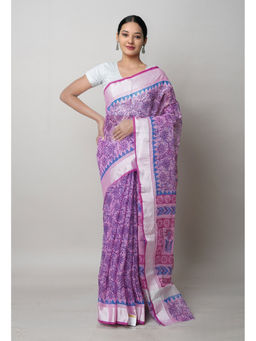 Unnati Silks - Pink Pure Block Printed Kota Cotton Saree with Unstitched Blouse
