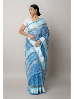 Unnati Silks - Blue Pure Block Printed Kota Cotton Saree with Unstitched Blouse
