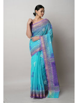 Unnati Silks - Turquoise Pure Block Printed Kota Cotton Saree with Unstitched Blouse