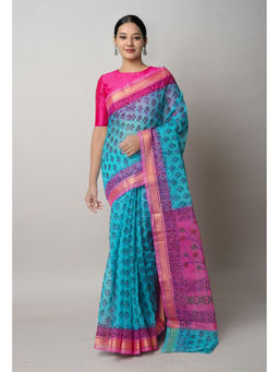 Unnati Silks - Turquoise Pure Block Printed Kota Cotton Saree with Unstitched Blouse