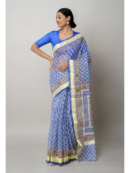 Unnati Silks - Blue Pure Block Printed Kota Cotton Saree with Unstitched Blouse