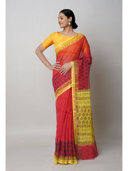 Unnati Silks - Red Pure Block Printed Kota Cotton Saree with Unstitched Blouse