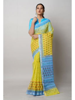 Unnati Silks - Yellow Pure Block Printed Kota Cotton Saree with Unstitched Blouse
