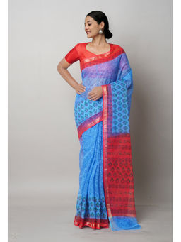 Unnati Silks - Dark Blue Pure Block Printed Kota Cotton Saree with Unstitched Blouse