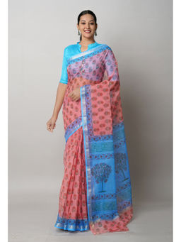 Unnati Silks - Peach Pure Block Printed Kota Cotton Saree with Unstitched Blouse