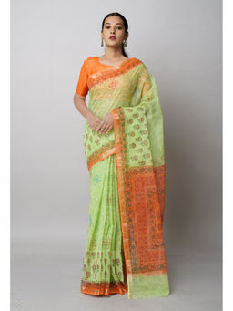 Unnati Silks - Parrot Green Pure Block Printed Kota Cotton Saree with Unstitched Blouse