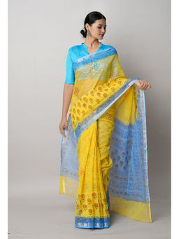Unnati Silks - Yellow Pure Block Printed Kota Cotton Saree with Unstitched Blouse