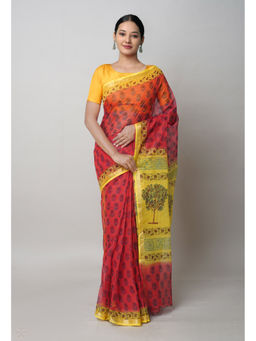 Unnati Silks - Red Pure Block Printed Kota Cotton Saree with Unstitched Blouse