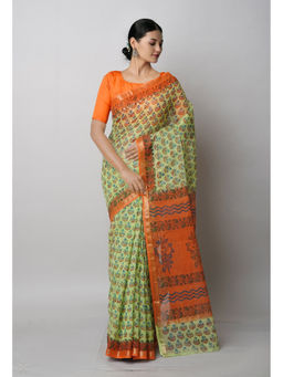 Unnati Silks - Green Pure Block Printed Kota Cotton Saree with Unstitched Blouse