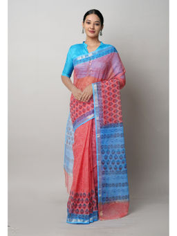 Unnati Silks - Peach Pure Block Printed Kota Cotton Saree with Unstitched Blouse