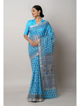 Unnati Silks - Blue Pure Block Printed Kota Cotton Saree with Unstitched Blouse