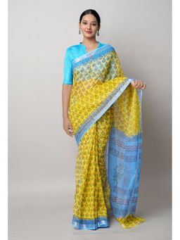 Unnati Silks - Yellow Pure Block Printed Kota Cotton Saree with Unstitched Blouse