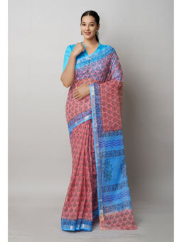 Unnati Silks - Peach Pure Block Printed Kota Cotton Saree with Unstitched Blouse