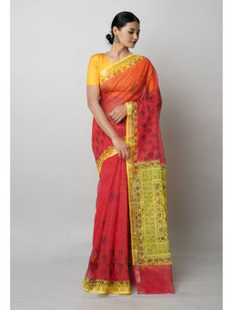 Unnati Silks - Red Pure Block Printed Kota Cotton Saree with Unstitched Blouse