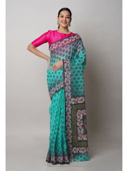 Unnati Silks - Green Pure Block Printed Kota Saree with Unstitched Blouse