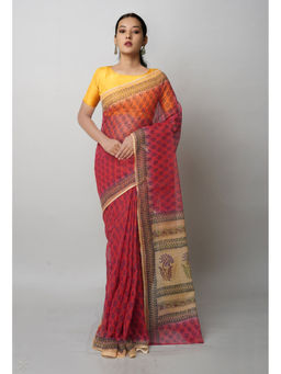 Unnati Silks - Red Pure Block Printed Kota Saree with Unstitched Blouse