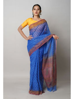Unnati Silks - Dark Blue Pure Block Printed Kota Saree with Unstitched Blouse