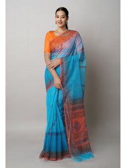 Unnati Silks - Turquoise Pure Block Printed Kota Saree with Unstitched Blouse