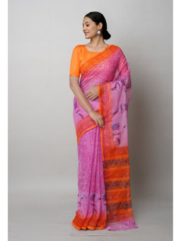 Unnati Silks - Pink Pure Block Printed Kota Saree with Unstitched Blouse