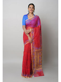Unnati Silks - Red Pure Block Printed Kota Saree with Unstitched Blouse