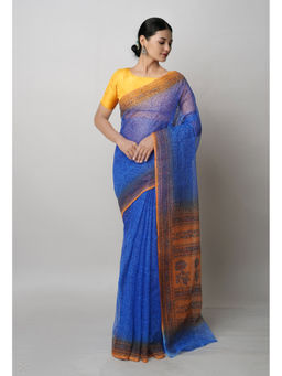Unnati Silks - Dark Blue Pure Block Printed Kota Saree with Unstitched Blouse