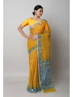 Unnati Silks - Yellow Pure Block Printed Kota Saree with Unstitched Blouse
