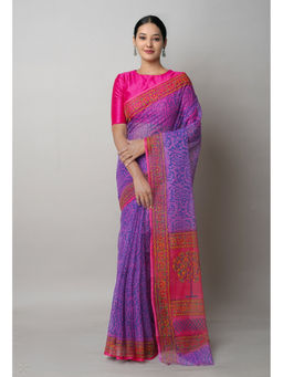Unnati Silks - Purple Pure Block Printed Kota Saree with Unstitched Blouse