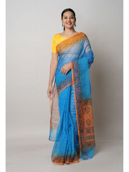 Unnati Silks - Blue Pure Block Printed Kota Saree with Unstitched Blouse
