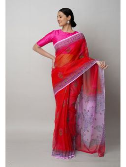 Unnati Silks - Red Pure Block Printed Kota Saree with Unstitched Blouse