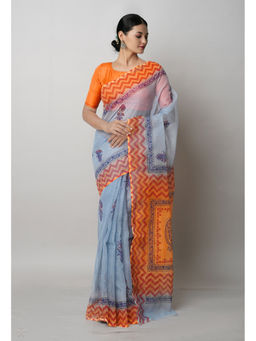 Unnati Silks - Grey Pure Block Printed Kota Saree with Unstitched Blouse