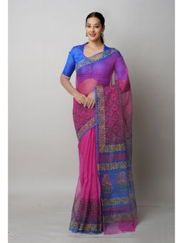 Unnati Silks - Pink Pure Block Printed Kota Saree with Unstitched Blouse