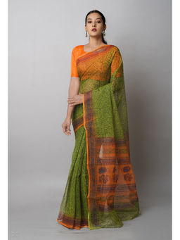 Unnati Silks - Green Pure Block Printed Kota Saree with Unstitched Blouse