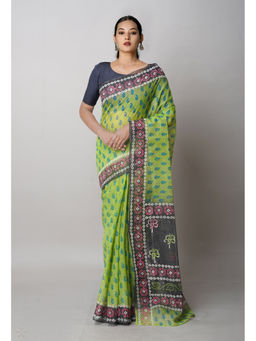 Unnati Silks - Green Pure Block Printed Kota Saree with Unstitched Blouse