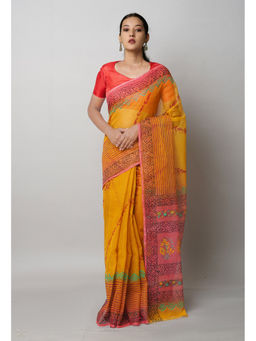 Unnati Silks - Dark Orange Pure Block Printed Kota Saree with Unstitched Blouse