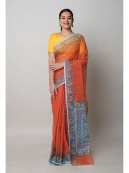 Unnati Silks - Orange Pure Block Printed Kota Saree with Unstitched Blouse