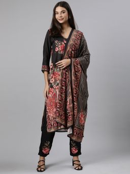 NEERU'S - Black Regular Straight Floral Kurta and Trousers with Dupatta (Set of 3)