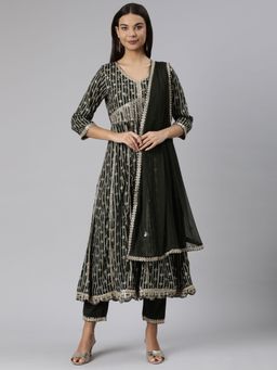 NEERU'S - Olive Regular Straight Kurta and Trousers with Dupatta (Set of 3)