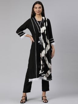 NEERU'S - Black Regular Straight Floral Kurta and Trousers with Dupatta (Set of 3)