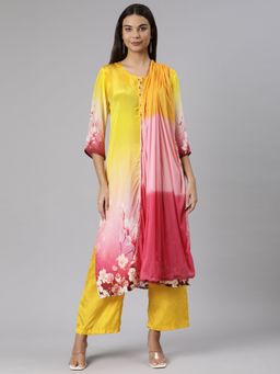 NEERU'S - Yellow Regular Straight Floral Kurta and Trousers with Dupatta (Set of 3)