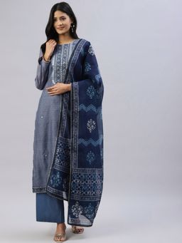Readiprint - Blue Chanderi Silk Unstitched Dress Material (Set of 3)