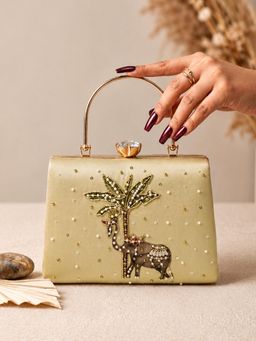 ARTKLIM - Majestic Elephant Palm Embellished Clutch with Detachable Strap