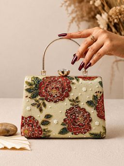 ARTKLIM - Vintage Rose Garden Embellished Clutch with Detachable Strap