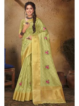 EXCLUSIVA - Green Organza Saree with Unstitched Blouse