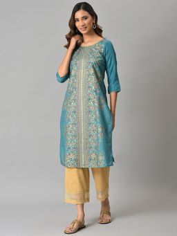 Aurelia - Blue Floral Printed Sequined Ethnic Kurta