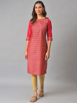 Aurelia - Red Printed Round Neck Kurta with Lace Detail