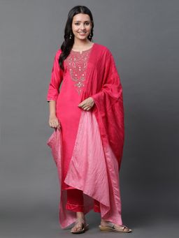 Aurelia - Women Pink Solid Viscose Kurta Set with Trousers & Dupatta